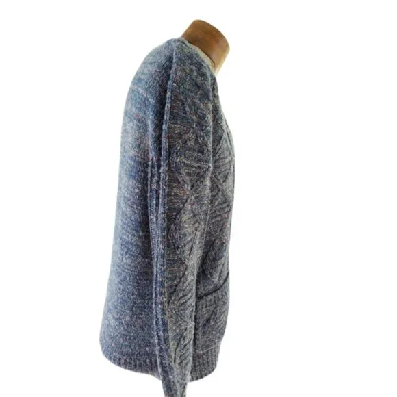 VTG CAMPUS Men's Blue Flecked Cable Knit Cardigan Sweater Size Large